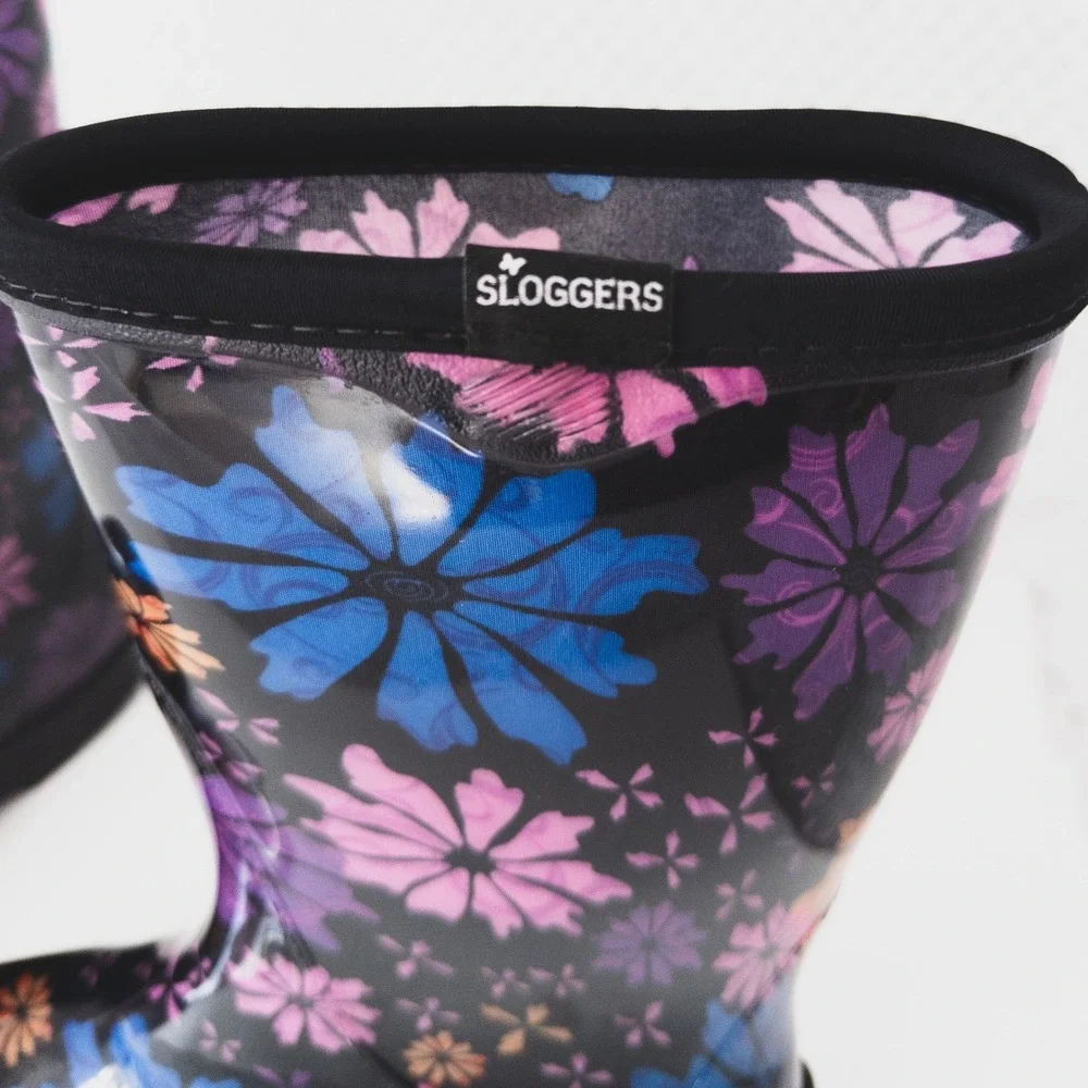 Sloggers‎ Rain Boots Women Size 7 Black Floral Waterproof Garden Mid Calf Boots